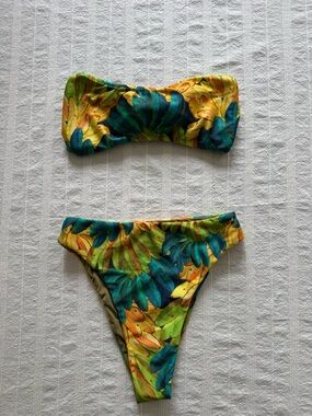 FARM Rio Tropical Leaf Bandeau Bikini Set - Yellow, Green, Teal